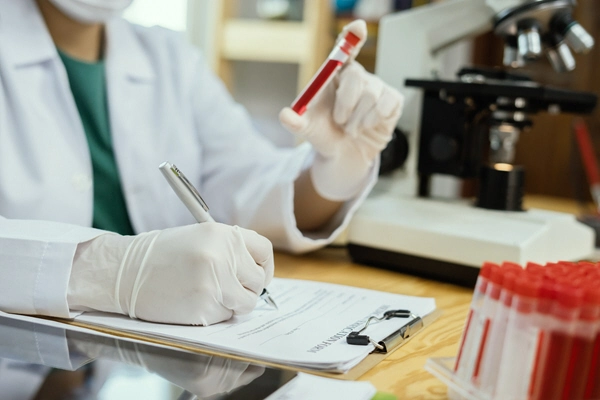 medical doctor s hand holding blood sample and making notes