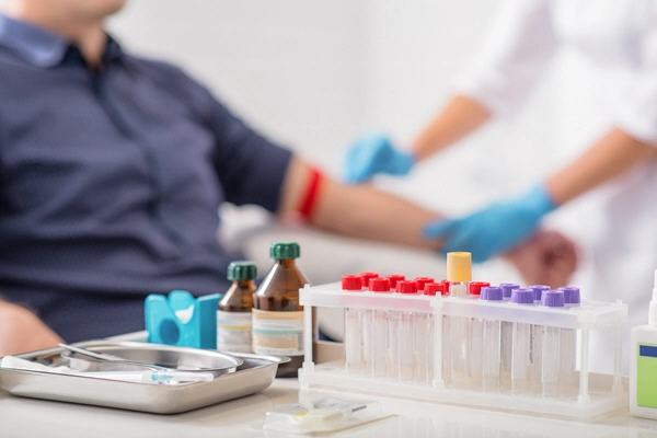 nurse prepares patient for taking blood sample