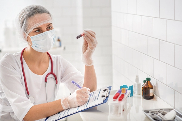 pensive female doctor is observing blood sample in laboratory