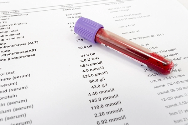 red blood in test tube on white blank with results in colums