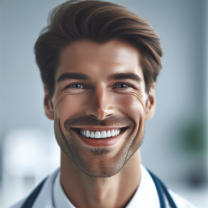 a photo realistic professionally appealing image of a good looking and athletic 35 to 45 year old happy smiling male white doctor with white teeth 119 300x300