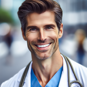 a photo realistic professionally appealing image of a good looking and athletic 35 to 45 year old happy smiling male white doctor with white teeth