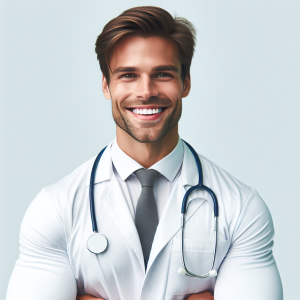 a photo realistic professionally appealing image of a good looking and athletic 35 to 45 year old happy smiling male white doctor with white teeth 231 300x300