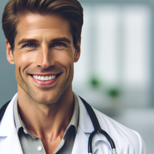 a photo realistic professionally appealing image of a good looking and athletic 35 to 45 year old happy smiling male white doctor with white teeth