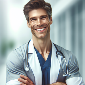 a photo realistic professionally appealing image of a good looking and athletic 35 to 45 year old happy smiling male white doctor with white teeth 517 300x300