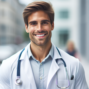 a photo realistic professionally appealing image of a good looking and athletic 35 to 45 year old happy smiling male white doctor with white teeth 682 300x300