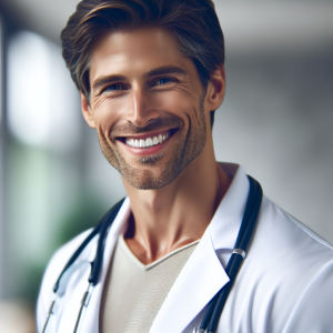 a photo realistic professionally appealing image of a good looking and athletic 35 to 45 year old happy smiling male white doctor with white teeth 754 300x300