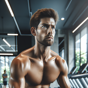 a photo realistic professionally appealing image of a good looking and athletic white man exercising in a gym 178 300x300