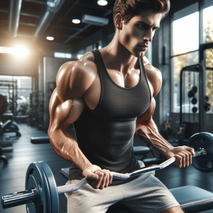 a photo realistic professionally appealing image of a good looking and athletic white man exercising in a gym 275 300x300