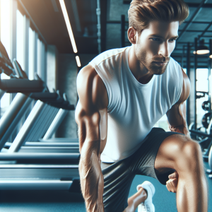 a photo realistic professionally appealing image of a good looking and athletic white man exercising in a gym
