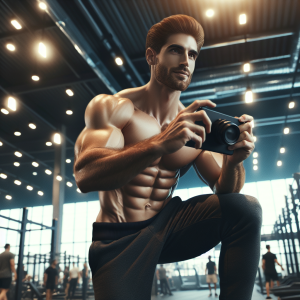 a photo realistic professionally appealing image of a good looking and athletic white man exercising in a gym