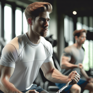 a photo realistic professionally appealing image of a good looking and athletic white man exercising in a gym 434 300x300