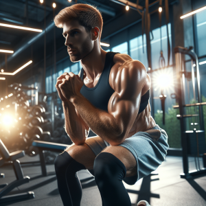 a photo realistic professionally appealing image of a good looking and athletic white man exercising in a gym
