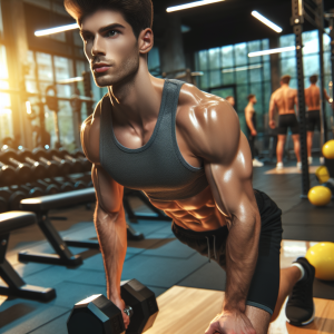 a photo realistic professionally appealing image of a good looking and athletic white man exercising in a gym