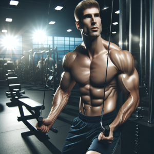 a photo realistic professionally appealing image of a good looking and athletic white man exercising in a gym 825 300x300