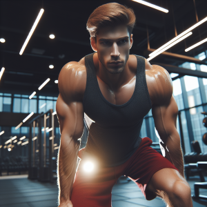 a photo realistic professionally appealing image of a good looking and athletic white man exercising in a gym 983 300x300