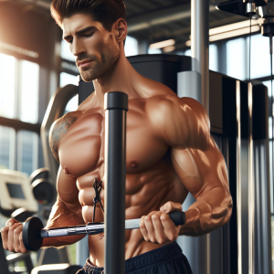 a photo realistic professionally appealing image of a good looking and athletic white man exercising in a gym 992 300x300