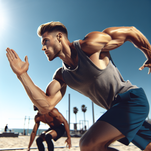 a photo realistic professionally appealing image of a good looking and athletic white man exercising or playing sports outside on a sunny day