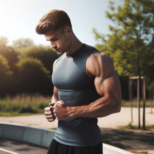 a photo realistic professionally appealing image of a good looking and athletic white man exercising or playing sports outside on a sunny day 974 300x300