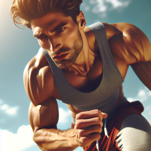 a photo realistic professionally appealing image of a good looking and athletic white man exercising or playing sports outside on a sunny day 979 300x300