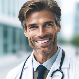 a photorealistic professional appealing image of a good looking and atheletic 35 to 45 year old happy smiling male caucasian doctor with white teeth 198 300x300