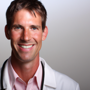 a photorealistic professional appealing image of a good looking and atheletic 35 to 45 year old happy smiling male caucasian doctor with white teeth 635 300x300