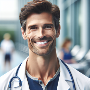 a photorealistic professional appealing image of a good looking and athletic 35 to 45 year old happy smiling male caucasian doctor with white teeth