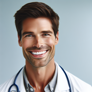 a photorealistic professional appealing image of a good looking and athletic 35 to 45 year old happy smiling male caucasian doctor with white teeth 593 300x300