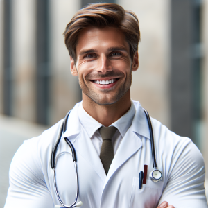 a photorealistic professional appealing image of a good looking and athletic 35 to 45 year old happy smiling male caucasian doctor with white teeth 970 300x300