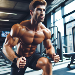 a photorealistic professional appealing image of a good looking and athletic caucasian man exercising in a gym 172 300x300