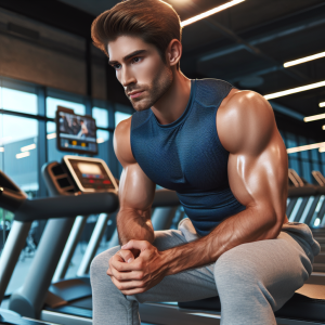 a photorealistic professional appealing image of a good looking and athletic caucasian man exercising in a gym