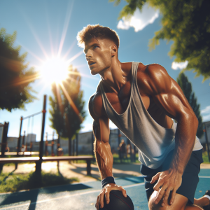 a professional appealing good looking and atheletic image of a caucasian man exercising or playing sports outside on a sunny day 334 300x300
